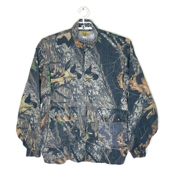 Vtg NO TRACE Men's Mossy Oak Break Up Camo‎ Bomber Utility Jacket Hunting Sz L - Picture 1 of 6
